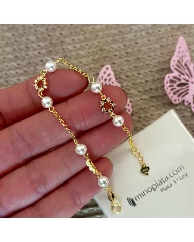 MINOPLATA PULSERA PRIMERA COMUNION DE PLATA CHAPADA EN ORO CON PERLAS