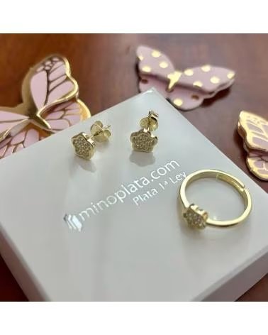 MINOPLATA CONJUNTO PENDIENTES Y ANILLO FLOR DE PLATA DE LEY CHAPADA EN