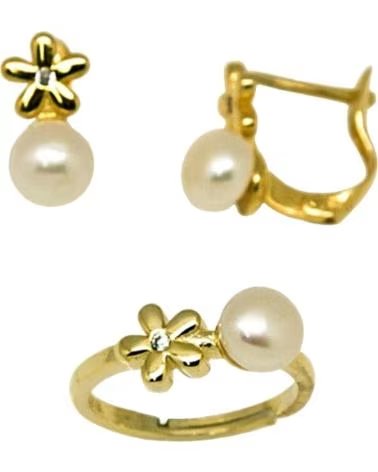 MINOPLATA JUEGO PENDIENTES Y ANILLO FLOR DE PLATA DORADA CON PERLAS CU