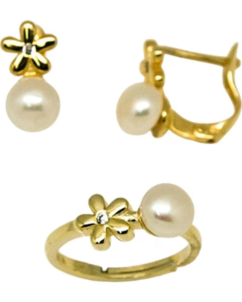 MINOPLATA JUEGO PENDIENTES Y ANILLO FLOR DE PLATA DORADA CON PERLAS CU