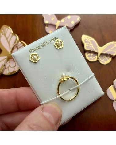 MINOPLATA CONJUNTO FLOR CALADA PENDIENTES Y ANILLO DE PLATA DORADA Y P