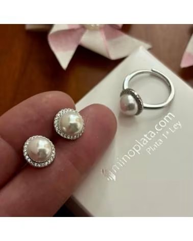 MINOPLATA JUEGO PENDIENTES Y ANILLO DE PLATA RODIADA CON PERLAS CULTIV