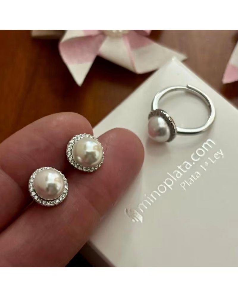 MINOPLATA JUEGO PENDIENTES Y ANILLO DE PLATA RODIADA CON PERLAS CULTIV