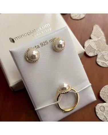 MINOPLATA CONJUNTO PENDIENTES Y SORTIJA DE PLATA CHAPADA EN ORO CON PE