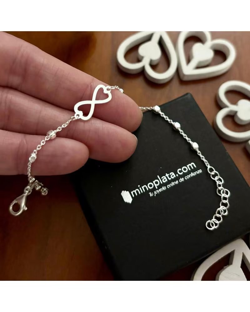 MINOPLATA PULSERA BOLITAS INFINITO CORAZON DE PLATA DE LEY 925