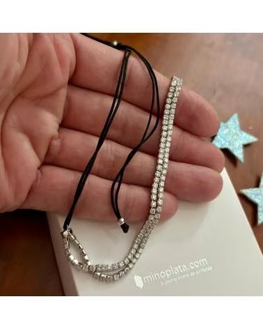 MINOPLATA CHOKER DE PLATA RODIADA CON DOBLE FILA DE CIRCONITAS Y CORDO