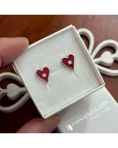 MINOPLATA PENDIENTES CORAZON DE PLATA DE LEY CON ESMALTE ROJO Y CIRCON
