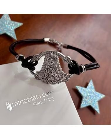 MINOPLATA PULSERA VIRGEN DEL ROCIO EN PLATA Y CAUCHO MARRON
