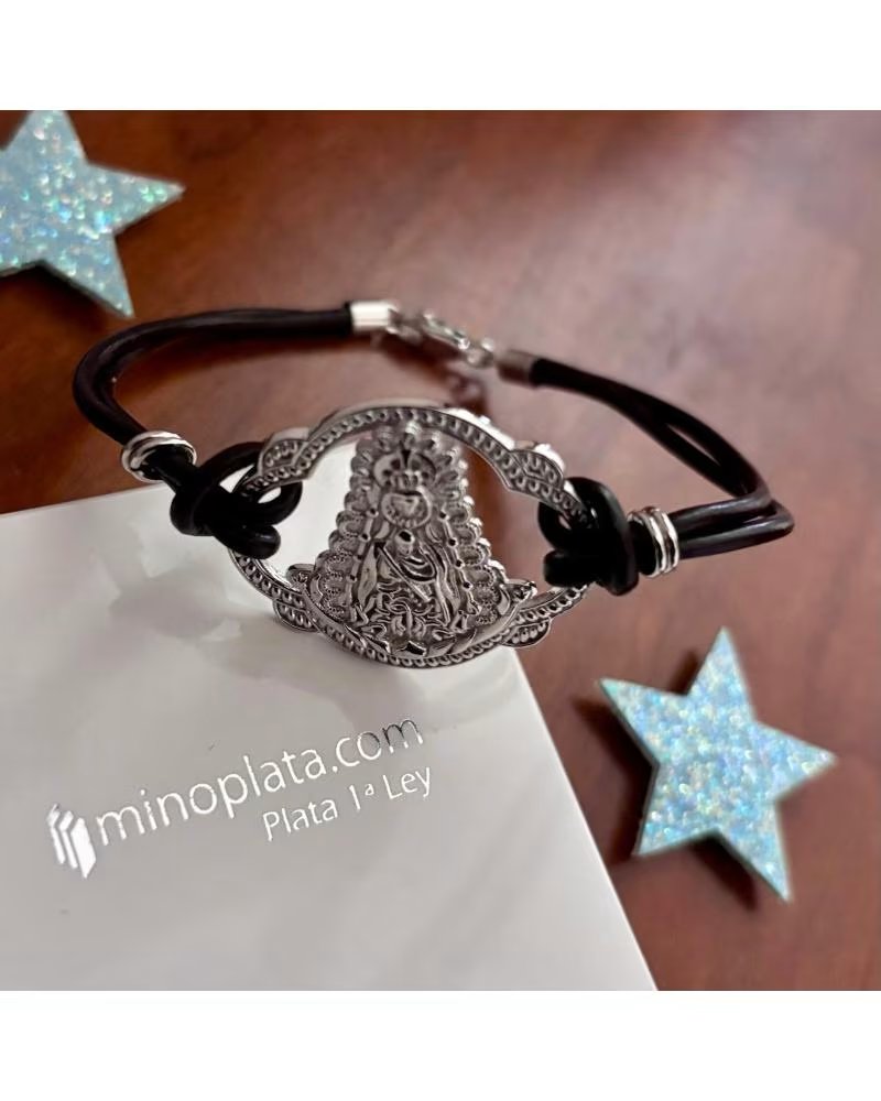 MINOPLATA PULSERA VIRGEN DEL ROCIO EN PLATA Y CAUCHO MARRON