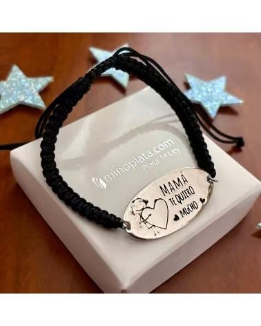 MINOPLATA PULSERA MACRAME NEGRO Y PLACA DE PLATA DE LEY MAMA TE QUIERO