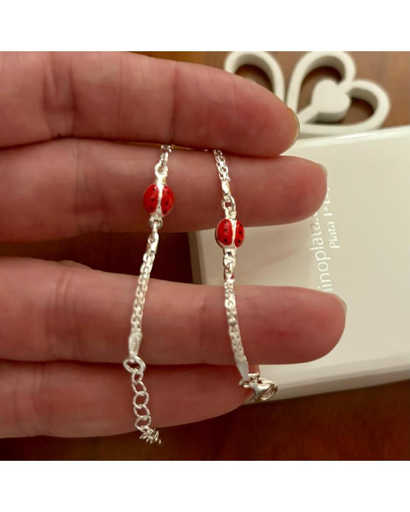 MINOPLATA PULSERA INFANTIL MARIQUITAS ROJAS EN PLATA DE LEY 925