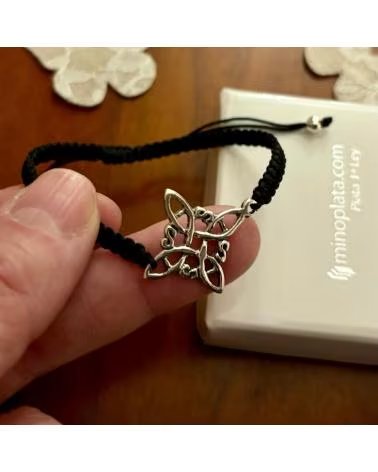 MINOPLATA PULSERA NUDO DE BRUJA DE PLATA TRENZA HILO NEGRO AJUSTABLE