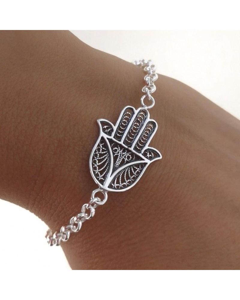 MINOPLATA PULSERA MANO DE FATIMA CADENA ROLO DE PLATA DE LEY 925