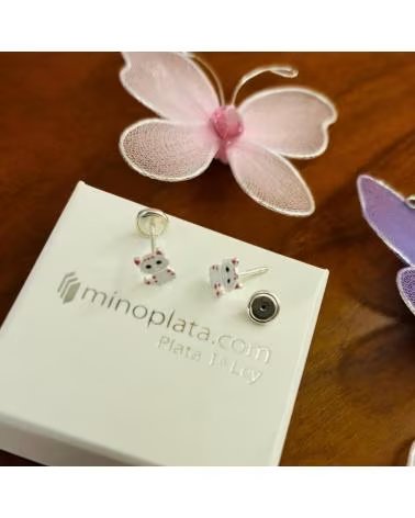 MINOPLATA PENDIENTES GATO DE PLATA DE LEY CON CIERRE ROSCA BEBE