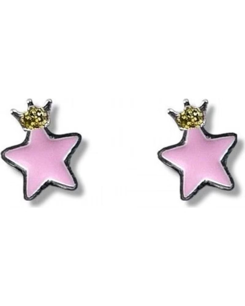 MINOPLATA PENDIENTES ESTRELLA ROSA CON CORONA DE PLATA DE LEY PARA NIN