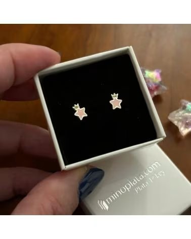 MINOPLATA PENDIENTES ESTRELLA ROSA CON CORONA DE PLATA DE LEY PARA NIN