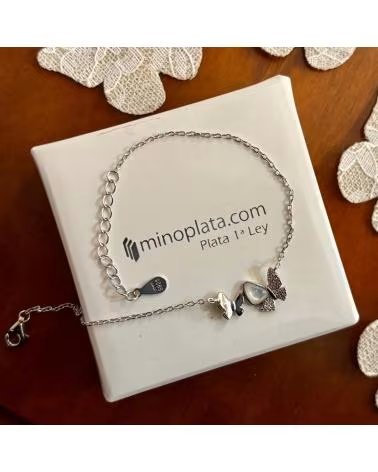 MINOPLATA PULSERA MARIPOSAS DE PLATA DE LEY CON NACAR