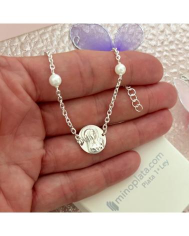 MINOPLATA PULSERA PRIMERA COMUNION VIRGEN NINA DE PLATA DE LEY CON PER
