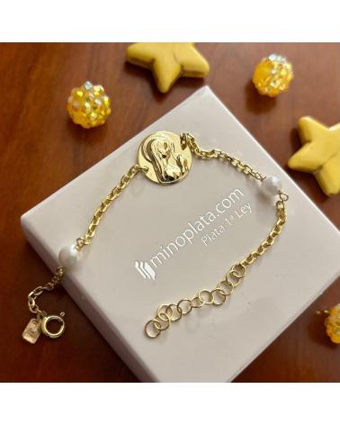 MINOPLATA PULSERA VIRGEN NINA DE PLATA CHAPADA EN ORO CON PERLAS PRIME