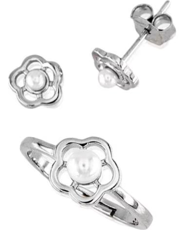 MINOPLATA JUEGO PENDIENTES Y ANILLO COMUNION FLOR DE PLATA RODIADA CON