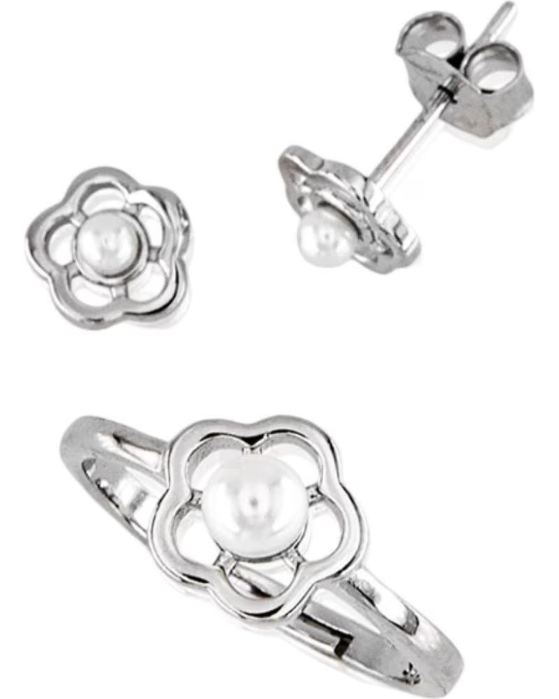 MINOPLATA JUEGO PENDIENTES Y ANILLO COMUNION FLOR DE PLATA RODIADA CON