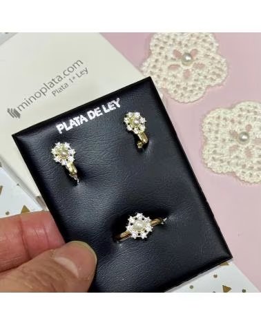 MINOPLATA CONJUNTO PENDIENTES Y SORTIJA FLOR DE PLATA DORADA CON CIRCO