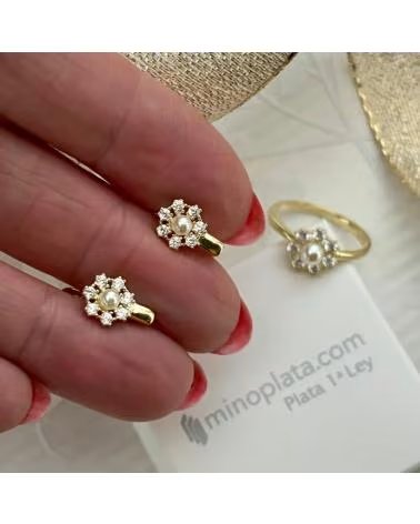 MINOPLATA CONJUNTO PENDIENTES Y SORTIJA FLOR DE PLATA DORADA CON CIRCO