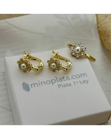 MINOPLATA CONJUNTO PENDIENTES Y SORTIJA FLOR DE PLATA DORADA CON CIRCO