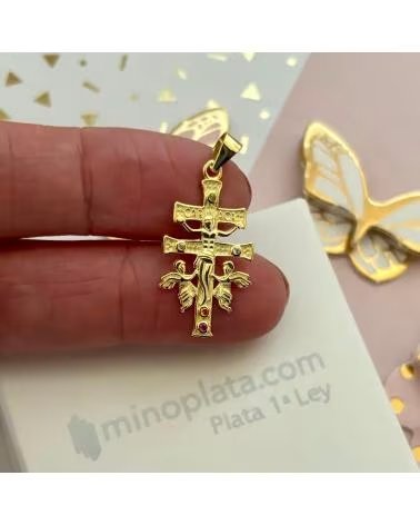 MINOPLATA CRUZ DE CARAVACA DE PLATA DE LEY CHAPADA EN ORO Y CIRCONITAS