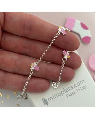 MINOPLATA PULSERA INFANTIL ANGELITOS ROSAS DE PLATA DE LEY 925