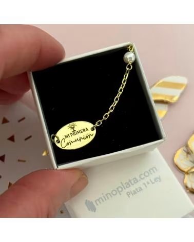 MINOPLATA PULSERA MI PRIMERA COMUNION DE PLATA CHAPADA EN ORO CON PERL