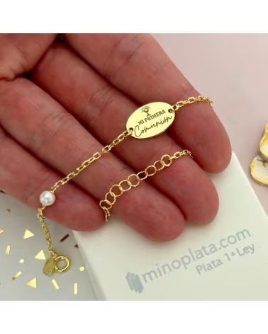 MINOPLATA PULSERA MI PRIMERA COMUNION DE PLATA CHAPADA EN ORO CON PERL