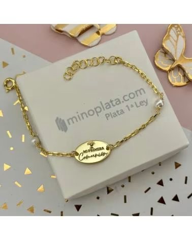 MINOPLATA PULSERA MI PRIMERA COMUNION DE PLATA CHAPADA EN ORO CON PERL