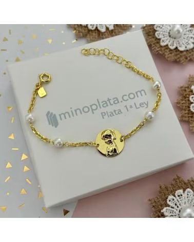 MINOPLATA PULSERA INFANTIL VIRGEN NINA DE PLATA CHAPADA EN ORO CON PER