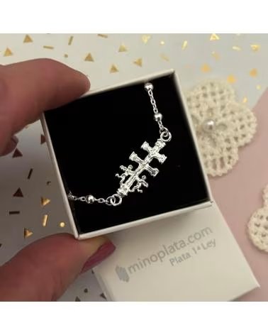 MINOPLATA PULSERA BOLITAS CRUZ DE CARAVACA DE PLATA DE LEY 925