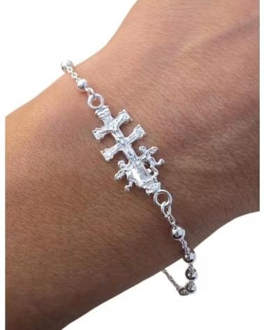 MINOPLATA PULSERA BOLITAS CRUZ DE CARAVACA DE PLATA DE LEY 925