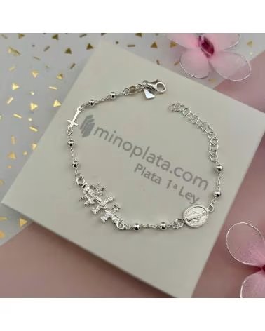 MINOPLATA PULSERA AMULETO CRUZ DE CARAVACA CRUCIFIJO Y MEDALLA VIRGEN
