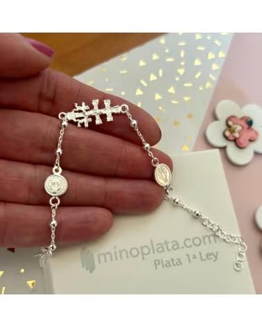 MINOPLATA PULSERA TRES AMULETOS CRUZ DE CARAVACA MEDALLA SAN BENITO Y