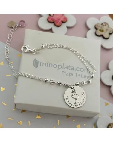 MINOPLATA PULSERA COMUNION BOLITAS DE PLATA DE LEY 925 CON COLGANTE PE