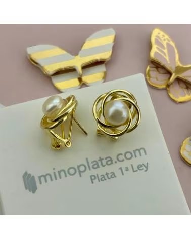 MINOPLATA PENDIENTES FLOR DE PLATA DE LEY BANADA EN ORO CON PERLAS CUL