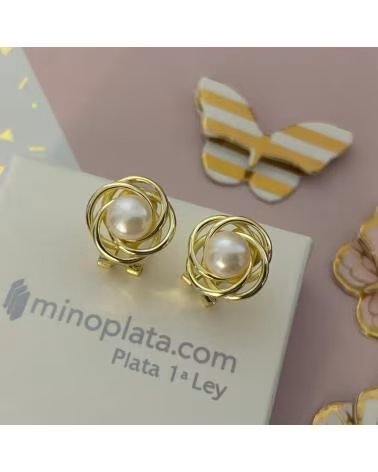 MINOPLATA PENDIENTES FLOR DE PLATA DE LEY BANADA EN ORO CON PERLAS CUL