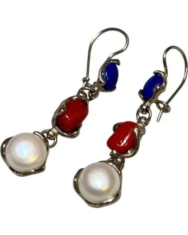 MINOPLATA Pendientes Largos De Plata De Ley Rodiada Con Piedras Lapislazuli Coral Y Perla Cultivada