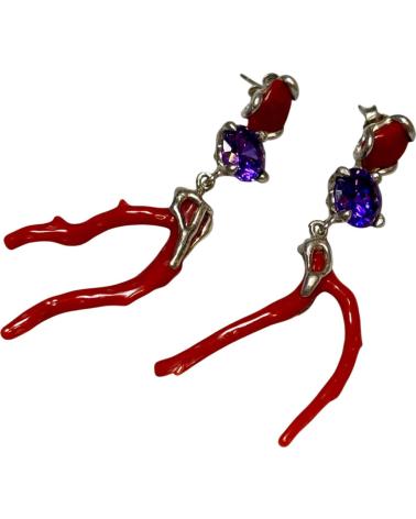 MINOPLATA PENDIENTES LARGOS DE CORAL ROJO Y CIRCONITA LILA EN PLATA DE