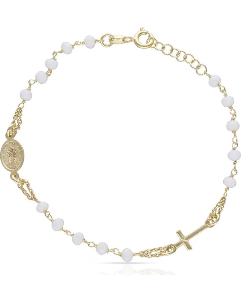 MINOPLATA PULSERA ROSARIO PIEDRAS BLANCAS CON VIRGEN MILAGROSA Y CRUZ