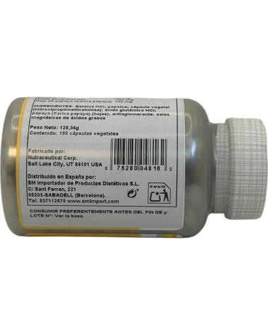 SOLARAY BETAINA HCL CON PEPSINA 250MG 180 CÁPSULAS VEGETALES