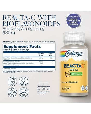 SOLARAY REACTA-C 500MG, 60 COMPRIMIDOS, SUPLEMENTO VITAMINA C VEGANO