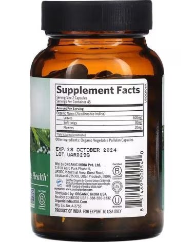 INDIA ORGANIC USA NEEM ORGÂNICO, 90 CÁPSULAS VEGETAIS