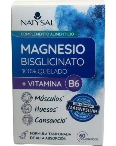 NATYSAL BISGLYCINATE DE MAGNÉSIUM 100% CHÉLATÉ AVEC VITAMINE B6, 60 COMPRIMÉS
