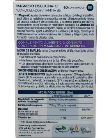 NATYSAL BISGLYCINATE DE MAGNÉSIUM 100% CHÉLATÉ AVEC VITAMINE B6, 60 COMPRIMÉS