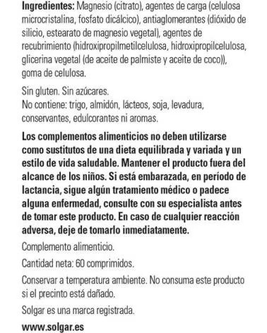 SOLGAR CITRATO DE MAGNESIO 200MG 60 O 120 COMPRIMIDOS DE